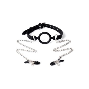 Open Mouth Ring Gag With Nipple Clamps