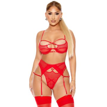Caught Up O-net Bra And Garter Belt Lingerie Set Red