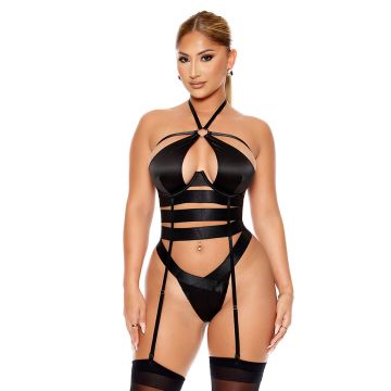 Soft Life Satin Strappy Bustier Lingerie Set Black